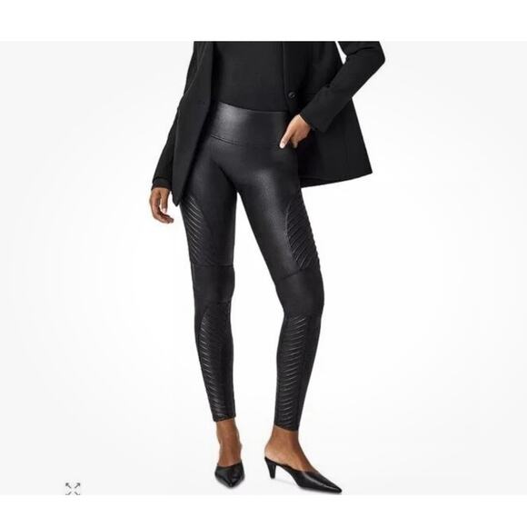 SPANX Pants - Spanx Women's Black Faux Leather Quilted Panel High Rise Moto Leggings Size S